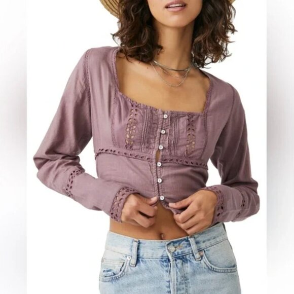 Free People Eyelet Cropped Blouse Peasant Boho Mauve Roan Rouge Joi - Picture 1 of 13